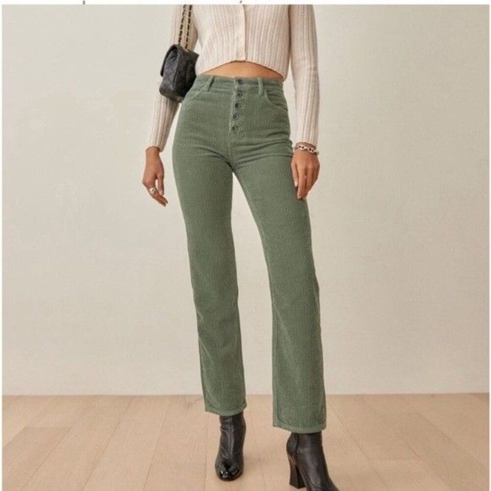 Reformation Women Cynthia Button Fly High Rise Straight Moss Corduroy Pants 27